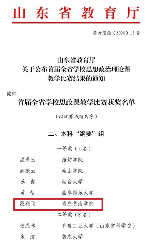 我校段利飞老师荣获山东省首届学校思政课教学比赛本科高校（《中国近现代史纲要》组）一等奖